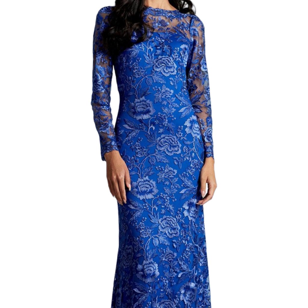 Tadashi Shoji Cobalt Blue Long-Sleeve Floral Lace Evening Gown